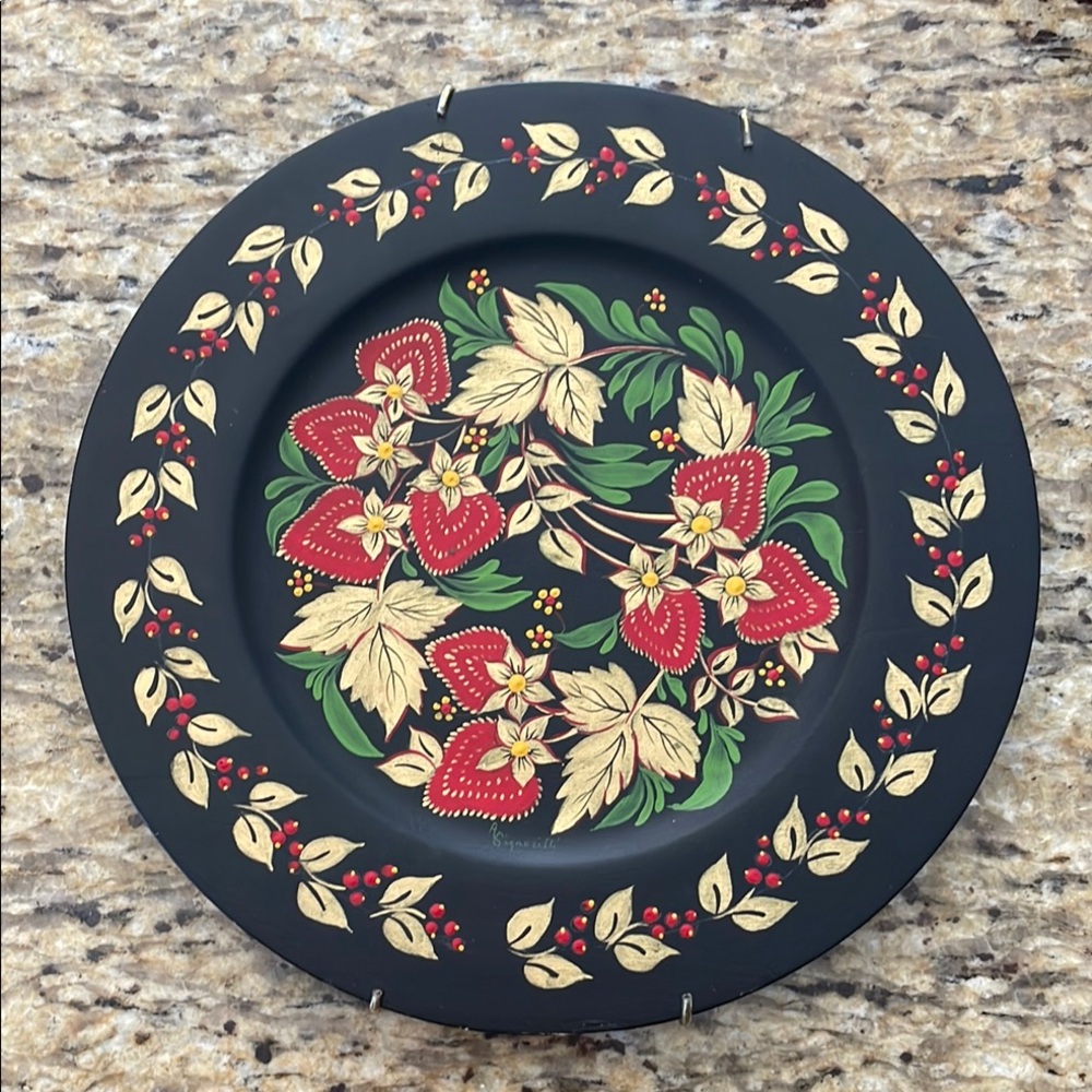 🍓 Beautiful Black Wooden Plate with Res Berries Accented With Gold Leaves